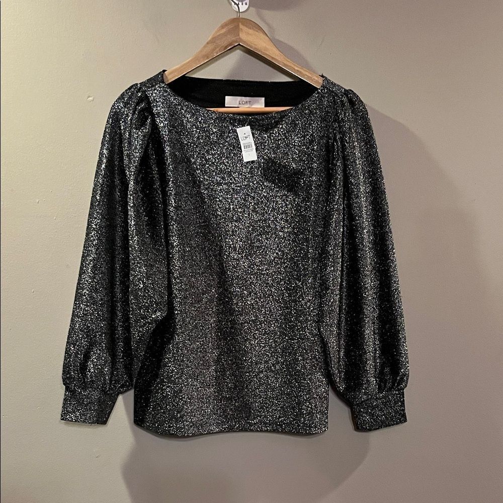 LOFT Silver Metallic Puff Sleeve Blouse